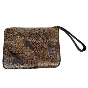 Patricia Nash Dark Brown Tooled 100% Leather Cassini Wristlet - Paisley Design